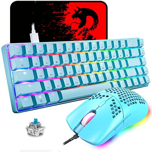 60% mechanische Gaming-Tastatur, Blauer Schalter, Mini-68 Tasten, kabelgebunden, Typ C, 18 Hintergrundbeleuchtungseffekte + leichte optische RGB-Maus mit 6400 DPI, Wabenmaus + großes Mauspad - Blau von LexonElec