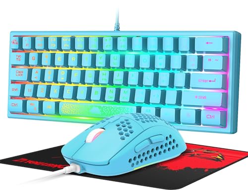 60 prozent mini Gaming Tastatur Und Maus Set Blau, QWERTY Layout RGB Regenbogen LED beleuchtet mechanische Gefühl Ergonomische Tastatur, 12000 DPI Bienenwabe Maus USB Verkabelt fã¼r pc PS4 Laptop Xbox von LexonElec