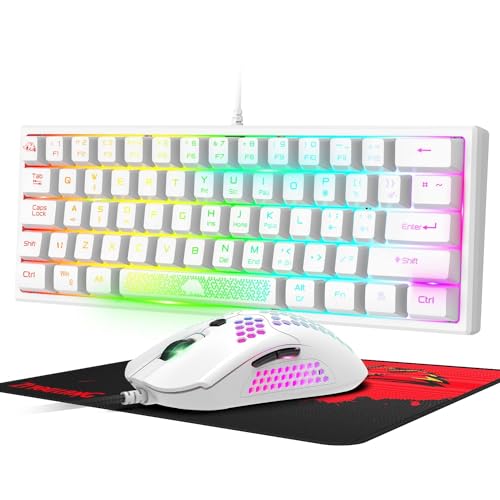 60 prozent mini Gaming Tastatur Und Maus Set Weiß, QWERTY Layout RGB Regenbogen LED beleuchtet mechanische Gefühl, Ergonomische, 12000 DPI Bienenwabe, USB Verkabelt fã¼r pc PS4 Xbox Laptop von LexonElec