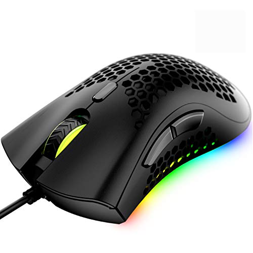 Gaming-Maus, kabelgebunden, ultraleichtes Wabengehäuse, ultragewebtes Kabel, 7 Tasten, 10 RGB-Hintergrundbeleuchtung, Computer-Maus für PC-Gamer und Xbox und PS4-Benutzer (schwarz) von LexonElec