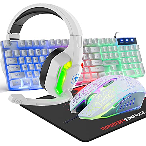 Gaming-Tastatur mit Kabel, 104 Tasten, 3D-Stereo-Gaming-Headset, Combo mit Multi-RGB-Hintergrundbeleuchtung, ergonomisches verstellbares Mikrofon, 2400 DPI, großes Mauspad, wasserdicht, für PC von LexonElec