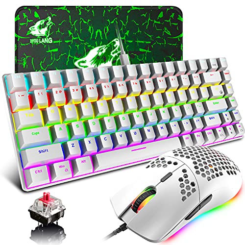 Gaming-Tastatur und -Maus mit mechanischem rotem Schalter, Regenbogen-Hintergrundbeleuchtung, kabelgebunden, Typ-C, 84 Tasten, Anti-Ghosting, leichte Wabengehäuse, großes Mauspad für PC-Gamer (weiß) von LexonElec