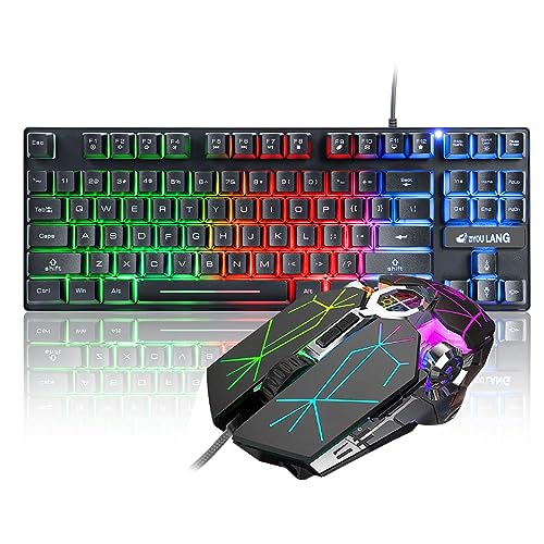 K16 Gaming-Tastatur, kabelgebunden, 87 Tasten, mechanische Haptik, Regenbogen, LED-Hintergrundbeleuchtung, PC-Tastatur, optische Gaming-Maus, 6 Tasten, 2400 DPI für PC, Büro, Spielen von LexonElec