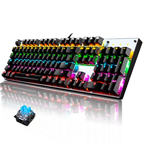 Kabelgebundene mechanische Gaming-Tastatur, blauer Schalter, 104 Tasten, RGB-Regenbogen-LED, 9 Hintergrundbeleuchtungsmodi, volles Anti-Ghosting-Metall-Panel, USB für Gamer, Typisten (schwarz) von LexonElec