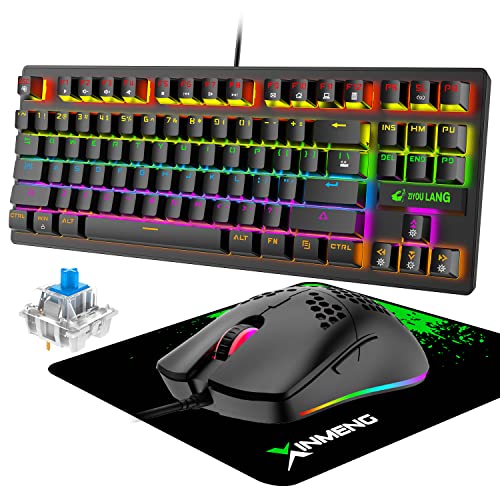 Kabelgebundenes mechanisches TKL-Gaming-Tastatur- und -Maus-Set mit 87 Tasten 3-in-1, mehrere RGB-LED-Modi + 6 programmierbare Tasten, 6400-dpi-Maus mit Mauspad für Mac, PS4,PS5, Xbox （Schwarz） von LexonElec