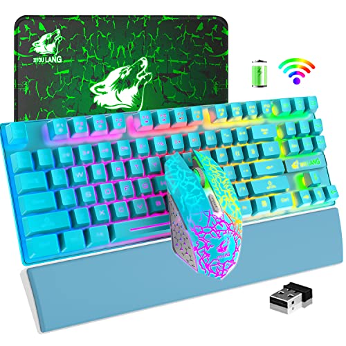 Kabellose Gaming-Tastatur-Maus und Handgelenkauflage, Regenbogen-Hintergrundbeleuchtung, wiederaufladbarer 3800 mAh Akku, 87 Tasten, mechanisches Gefühl, ergonomische Tastatur, RGB-Gaming-Stummschaltung Maus und Mauspad für PC-Gamer (blau) von LexonElec