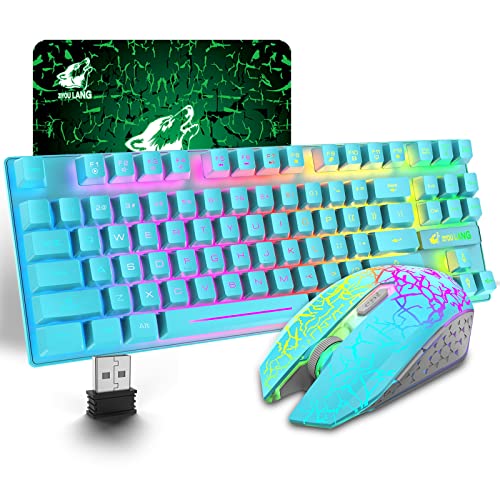 Kabellose Gaming-Tastatur und -Maus, 87 Tasten, Regenbogen-LED-Backlights, wiederaufladbar, 3800 mAh Akku, mechanisches Gefühl, Anti-Ghosting, US-Layout, ergonomische wasserdichte RGB-Maus (blau) von LexonElec