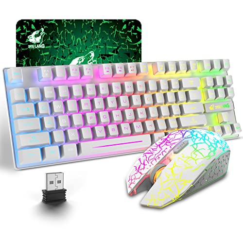 Kabellose Gaming-Tastatur und Maus, 87 Tasten, Regenbogen-LED-Hintergrundbeleuchtung, wiederaufladbar, 3800 mAh Akku, mechanisches Gefühl, Anti-Ghosting, ergonomisch, wasserdicht, RGB-Maus ((Weiß) von LexonElec