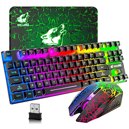 Kabellose Gaming-Tastatur und Maus, 87 Tasten, Regenbogen-LED-Hintergrundbeleuchtung, wiederaufladbar, 3800 mAh Akku, mechanisches Gefühl, Anti-Ghosting, ergonomisch, wasserdicht, RGB-Maus (schwarz) von LexonElec