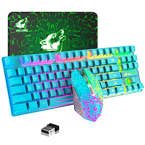 Kabellose Gaming-Tastatur und Maus-Kombination, Regenbogen-Hintergrundbeleuchtung, wiederaufladbarer 3800 mAh-Akku, 87 Tasten, wasserdichte Tastatur, RGB-Gaming-Maus und Mauspad für PC-Gamer (blau) von LexonElec