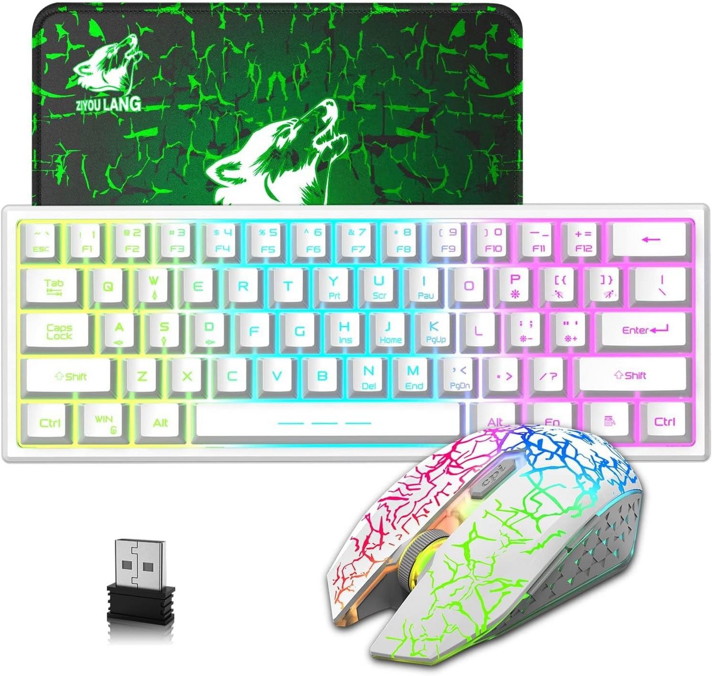 LexonElec 2.4GHz Gaming Kabellos Beleuchtet, 61 Tasten Regenbogen 3800mAh Tastatur- und Maus-Set, Wederaufladbare Mechanische Feel Tastatur 2400 DPI Regenbogenlicht-LED von LexonElec