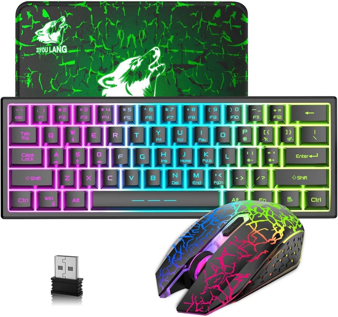 LexonElec 2.4GHz Gaming Kabellos Beleuchtet, 61 Tasten Regenbogen 3800mAh Tastatur- und Maus-Set, Wederaufladbare Mechanische Feel Tastatur 2400 DPI Regenbogenlicht-LED LexonElec 2.4GHz Gaming Kabellos Beleuchtet, 61 Tasten Regenbogen 3800mAh Tastatur- und Maus-Set, Wederaufladbare Mechanische Feel Tastatur 2400 DPI Regenbogenlicht-LED von LexonElec