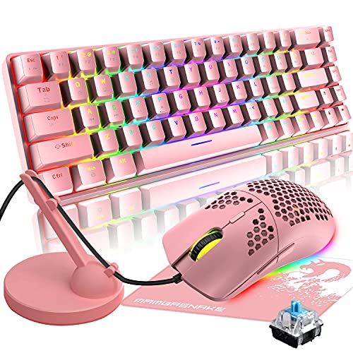 LexonElec 60% Mini 68 Tasten RGB Beleuchtung Wired USB C Gaming Mechanische Blaue Switch Tastatur + Rainbow Beleuchtung 6400 DPI Maus + Maus Bungee Cable Management + Mauspad - Rosa/Blue Switch von LexonElec