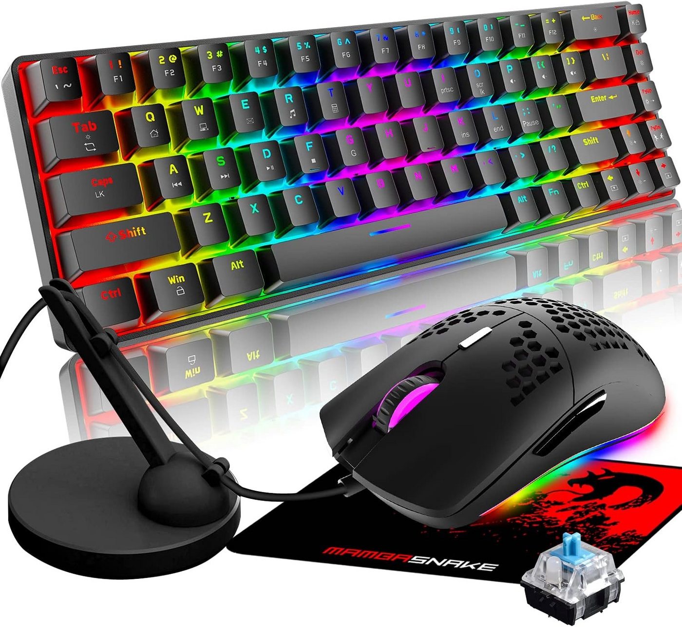 LexonElec 60% Mini 68 Tasten RGB Beleuchtung Wired USB C Gaming Tastatur- und Maus-Set, Rainbow Beleuchtung 6400 DPI Maus + Maus Bungee Cable Management von LexonElec