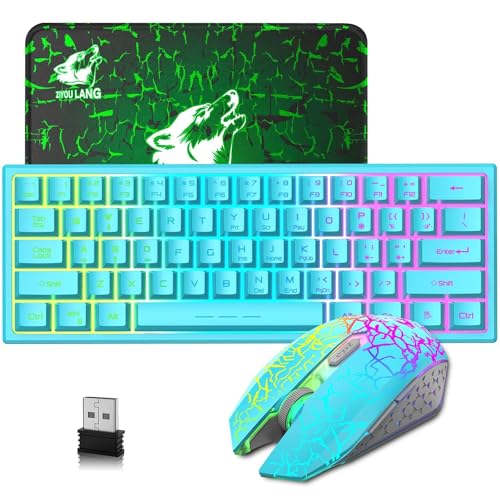 LexonElec 60% Prozent Blau Wireless Gaming Tastatur Maus Set Kabellos Beleuchtet Mini RGB LED Leuchtende Ergonomische 3800mAh Wederaufladbare Mechanische Feel 2400 DPI für PC Mac ps4 ps5 Xbox von LexonElec