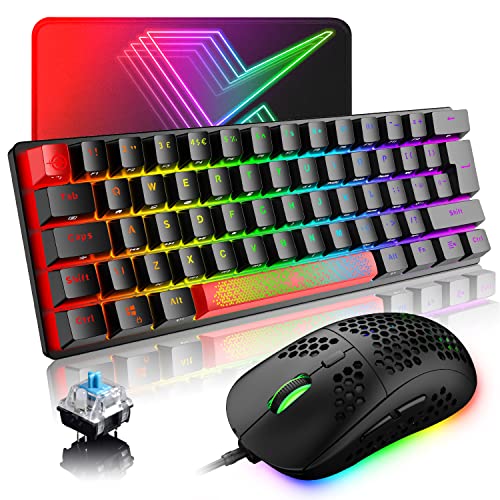 LexonElec Gaming-Tastatur (Red Black) UK Layout Mechanische Spieletastatur RGB 14 Hintergrundbeleuchtungseffekte Mini 62 Tasten Kabel Typ C + Leichtes RGB 6400DPI Wabenmaus + Mauspad Kompatibel von LexonElec