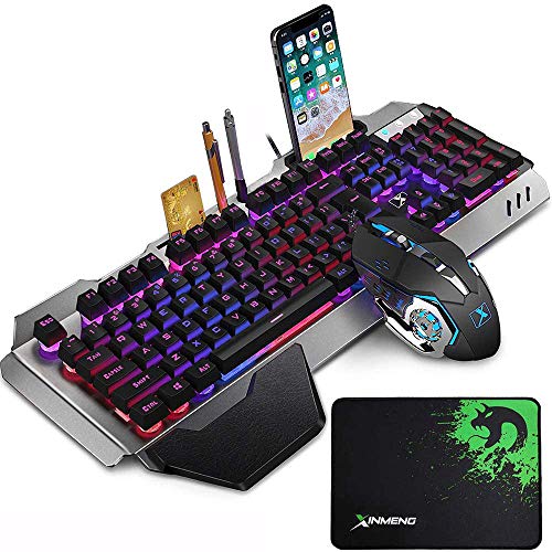 LexonElec Gaming Tastatur- und Mäusesets K618 Kabelgebundene RGB-LED-Hintergrundbeleuchtung 104 Tasten Handauflage USB-Gamer-Tastatur Metall + 2400 DPI Optische 6 Tasten PC-Spiel-Maus + Mousepad von LexonElec