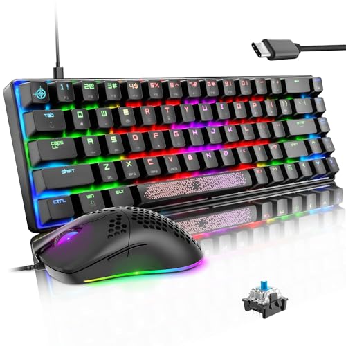 LexonElec MK14-65% Kompakt Blau Pc Mac Gaming Maus Und Tastatur Set Mit Kabel 12000 DPI Beleuchtung Led RGB Handballenauflage Typ C Gamer Tastaturen Ergonomische Maus Für Laptop von LexonElec