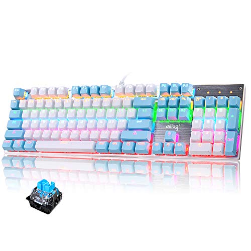 LexonElec Mechanische Gaming Tastatur LED Beleuchtete Gaming Tastatur mit QWERTY US Layout 104-Tasten Blaue Switch Metall Platte Langlebig, Ergonomisch, Wasserdicht Keyboard - Weiß Blau von LexonElec