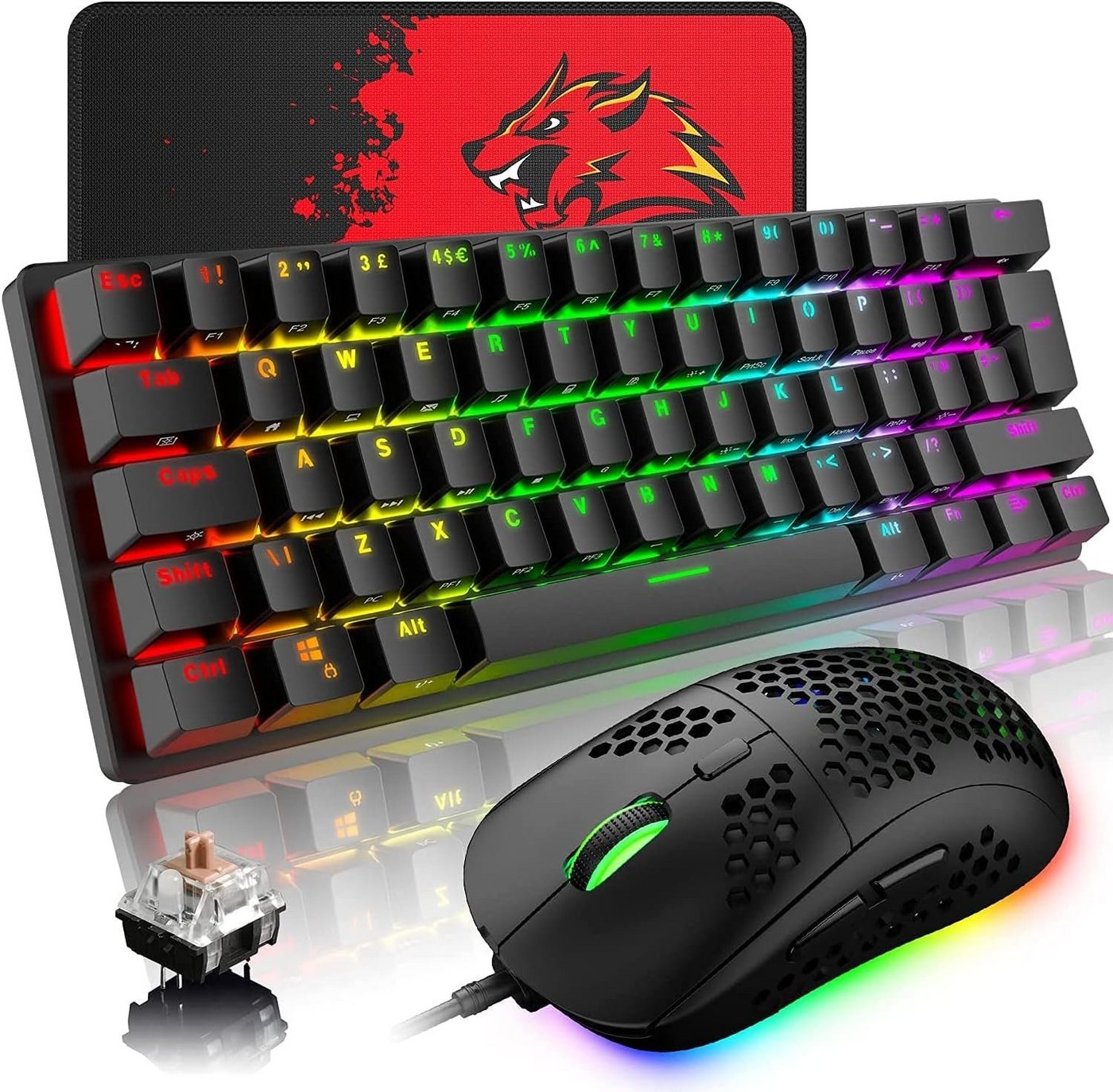 LexonElec RGB 14 Hintergrundbeleuchtungseffekte Tastatur- und Maus-Set, mit 62 Tasten und leuchtenden Kapppen für Gaming, Asthetisches Design von LexonElec