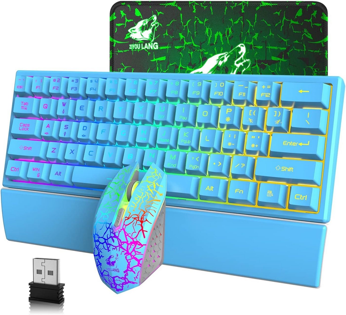 LexonElec Regenbogen-LED Tastatur- und Maus-Set, Kabellos, wiederaufladbare Ergonomie mit Mauspads+Medienschlüssel von LexonElec