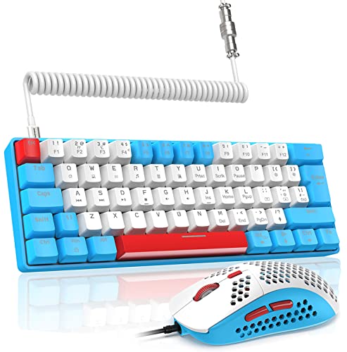 LexonElec T60PRO 60% mechanische Tastatur und Maus mit gewickeltem USB-C-Kabel, RGB-LED-Hintergrundbeleuchtung, lineare rote Schalter, Gaming-Tastatur, 6400 DPI, Mac, Gamer (blau und weiß) von LexonElec