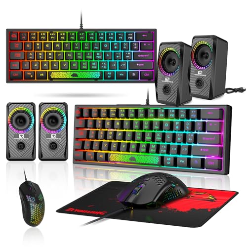 LexonElec Tastatur Maus Set Champing Zubehör PC Pack Combo – 60 Prozent Ultrakompakte Leuchtende Mini Tastatur QWERTY Layout Und 6400 DPI Maus Gaming Bass Lautsprecher Atmungsaktives Mauspad von LexonElec