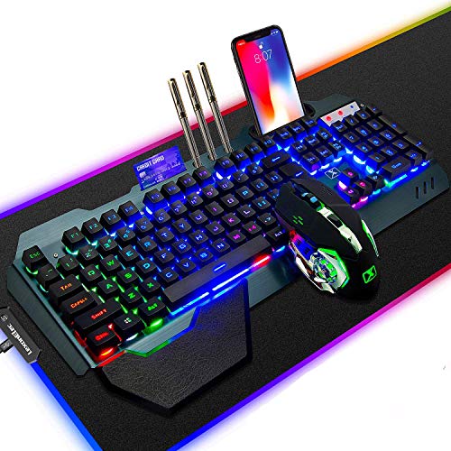 LexonElec Wireless 2.4G wiederaufladbare Tastatur Maus Set 3800mAh Große Kapazität Regenbogen-Gamer-Tastatur mit Hintergrundbeleuchtung 2400DPI 7 Farben Atmungsmaus e Mäuse Großes RGB-Gaming-Mauspad von LexonElec