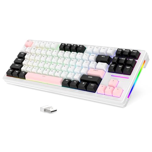 LexonElec x ATTACK SHARK M87 75% Kabellose Gaming-Tastatur-BT5.0&2,4G&Wired, 27 RGB Backlit, TKL 80% Gasket Mechanische Tastatur Mit Linear Schalter, 4600 mAh QWERTY, 87 Tasten PBT Keycao-Weiß/Rosa von LexonElec