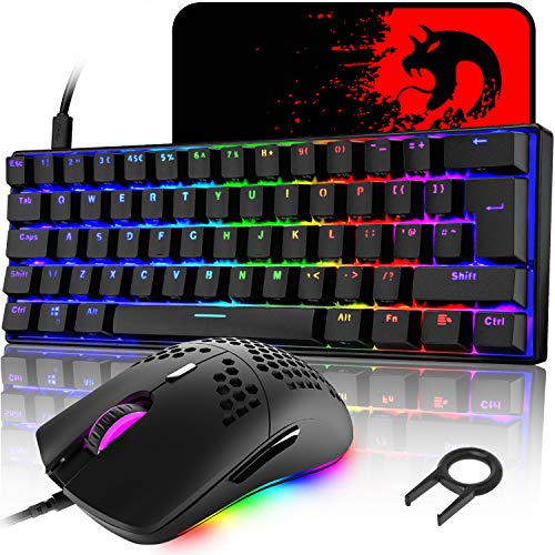 MK21 Gaming Tastatur und Maus Set, RGB 60% Mechanische Tastatur, 62 Tasten Wired Beleuchtung Gaming-Tastatur QWERTY + 6400 DPI Ultraleicht Gaming Maus + Mauspad für PS4, Xbox, PC - Schwarz/Blue Switch von LexonElec