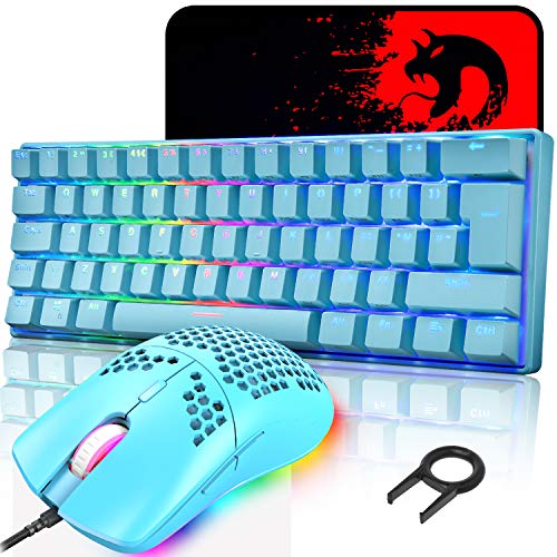 MK21 Gaming Tastatur und Maus Set, RGB 60% Mechanische Tastatur, 62 Tasten Wired Beleuchtung Gaming-Tastatur UK Layout + 6400 DPI Ultraleicht Gaming Maus + Mauspad für PS4, Xbox, PC - Blau/Blue Switch von LexonElec