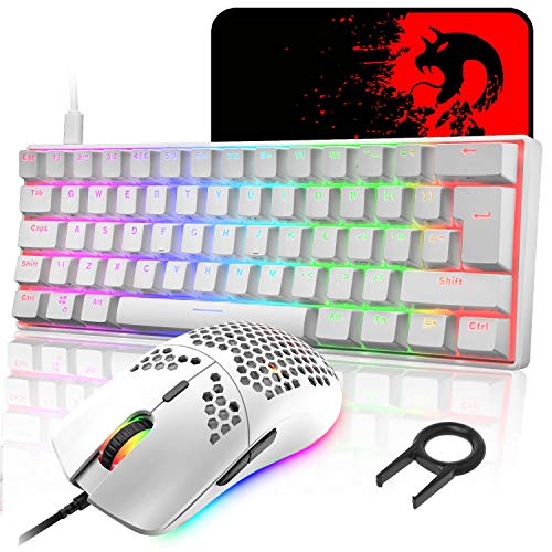 MK21 Gaming Tastatur und Maus Set, RGB 60% Mechanische Tastatur, 62 Tasten Wired Beleuchtung Gaming-Tastatur UK Layout + 6400 DPI Ultraleicht Gaming Maus + Mauspad für PS4, Xbox, PC - Weiß/Blue Switch von LexonElec