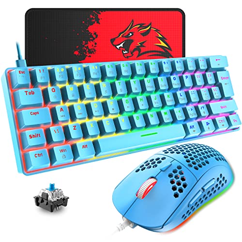 T60 Mini 60% Mechanische Tastatur-Maus-Sets, Kompakt 62 Tasten, Typ C Wired, 19 Hintergrundbeleuchtung Gaming-Tastatur + 6400 DPI RGB Maus + Mauspad, UK Layout für PC,Laptop - Blau/Blau Schalter von LexonElec