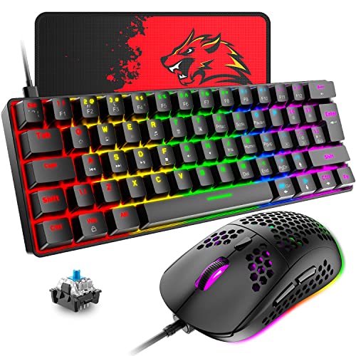 T60 Mini 60% Mechanische Tastatur-Maus-Sets, Kompakt 62 Tasten, Typ C Wired, 19 Hintergrundbeleuchtung Gaming-Tastatur + 6400 DPI RGB Maus + Mauspad, UK Layout für PC,Laptop - Schwarz/Blau Schalter von LexonElec