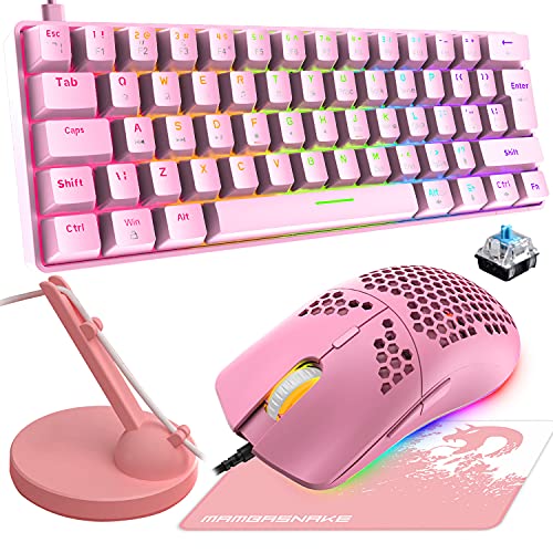 T60 Mini 60% Mechanische Tastatur-Maus-Sets, Typ C Wired Gaming-Tastatur + 6400 DPI RGB Maus + Gaming Maus Bungee + Mauspad, 19 Backlit, Kompakt 62 Tasten, UK Layout für PC, Laptop-Rosa/Blau Schalter von LexonElec