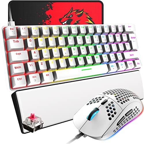 T60 Mini 60% Mechanische Tastatur-Maus-Sets, Typ C Wired Gaming-Tastatur + 6400 DPI RGB Maus + Handgelenkauflage + Mauspad, 19 Backlit, Kompakt 62 Tasten, UK Layout für PC,Laptop - Weiß/Rot Schalter von LexonElec