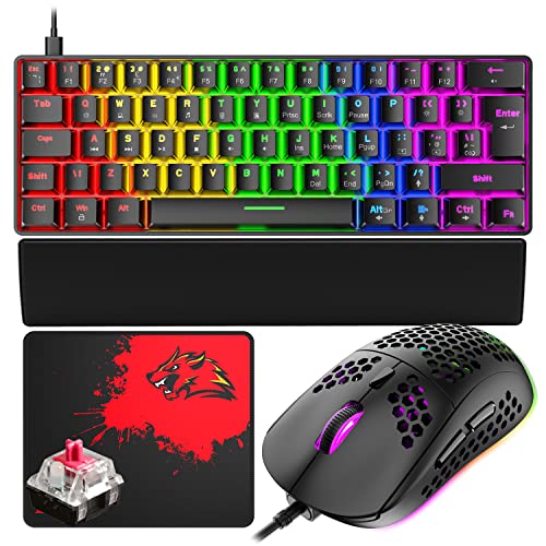 T60 Mini 60% Mechanische Tastatur-Maus-Sets, Typ C Wired Gaming-Tastatur + 6400 DPI RGB Maus + Handgelenkauflage + Mauspad, 19 Backlit Kompakt 62 Tasten, UK Layout für PC,Laptop - Schwarz/Rot Schalter von LexonElec