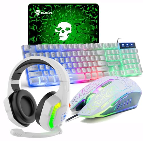 UK-Layout 4-in-1 Gaming-Tastatur und Maus-Set, Regenbogen-Hintergrundbeleuchtung, USB Gaming-Tastatur + 2400 DPI 6 Tasten Optische Regenbogen-LED-USB-Maus + Gaming-Headset + Mauspads für PC/Computer von LexonElec