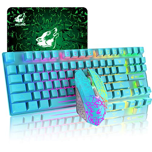87 Tasten Drahtlose Tastatur Maus Combo Regenbogen von hinten beleuchtet 2.4G wiederaufladbare mechanische Feel Gaming-Tastatur+2400DPI 6 Tasten Optische Regenbogen-LED-Gaming-Maus+Mauspads (Blau) von LexonTech