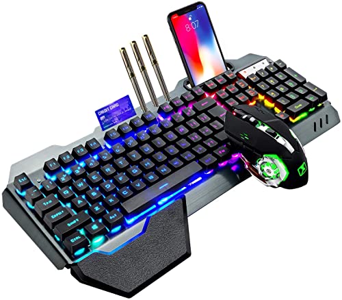 Kabellose Gaming-Tastatur mit mechanischem Gefühl, RGB Hintergrundbeleuchtung, wiederaufladbarer 5000-mAh-Akku mit Abnehmbarer Handauflage +7-Farben-LED-Gaming-Maus für PC-Schreiber/Spieler（Schwarz） von LexonTech
