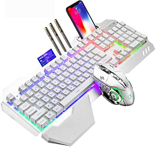 Kabellose Gaming-Tastatur mit mechanischem Gefühl, RGB Hintergrundbeleuchtung, wiederaufladbarer 5000-mAh-Akku mit Abnehmbarer Handauflage +7-Farben-LED-Gaming-Maus für PC-Schreiber/Spieler（Weiß） von LexonTech