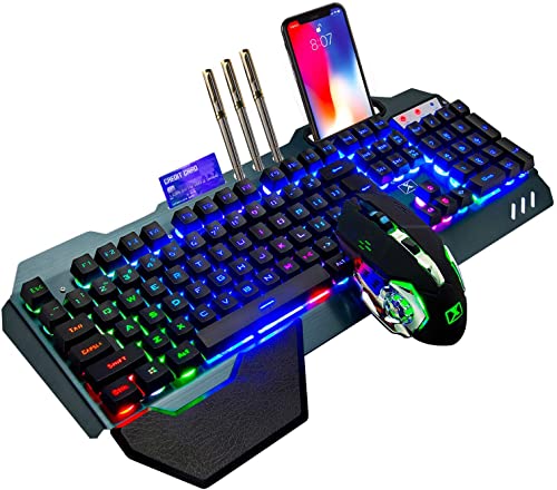 Kabellose Gaming-Tastatur mit mechanischem Gefühl, Regenbogen-Hintergrundbeleuchtung, wiederaufladbarer 3800-mAh-Akku mit Abnehmbarer Handauflage +7-Farben-LED-Gaming-Maus für PC-Schreiber/Spieler von LexonTech