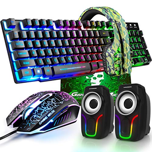 kabelgebundene Gaming-Tastatur mit Regenbogen-Hintergrundbeleuchtung, USB-Tastatur+2400 DPI optische Regenbogen-LED-Gaming-Maus+Gaming-Headset+RGB-Lautsprecher+Mauspads für Computer/PC (schwarz) von LexonTech