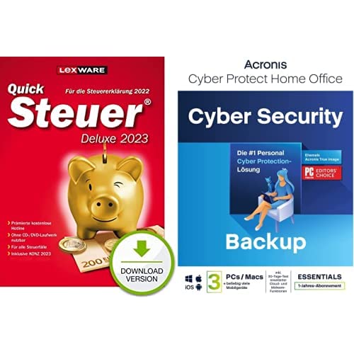 QuickSteuer Deluxe 2023 (für Steuerjahr 2022) + Acronis Cyber Protect Home Office 2023 | Essentials | 3 PC/Mac | 1 Year | Windows/Mac/Android/iOS | Backup Only von Lexware