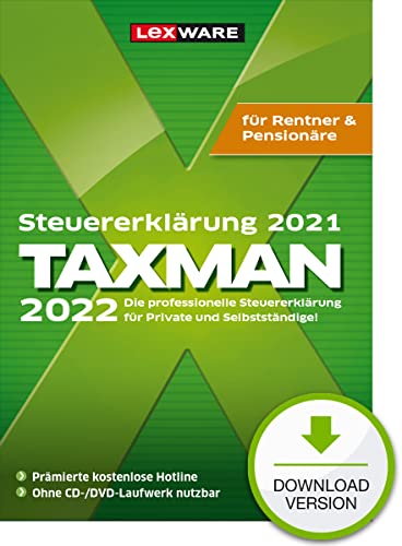 TAXMAN 2022 (für Steuerjahr 2021)| Download |Steuererklärungs-Software für Rentner und Pensionäre Rentner und Pensionäre von Lexware