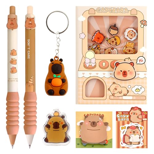 Lezehea Capybara Gelstift Set, mit 2 Tier-Stifte Capybara Stifte mit capybara schlüsselanhänger mit Notizbücher mit Haftnotizen mit Clip, capybara schulsachen, Cute Capybara Pen Set(Schwarz0.5mm) von Lezehea