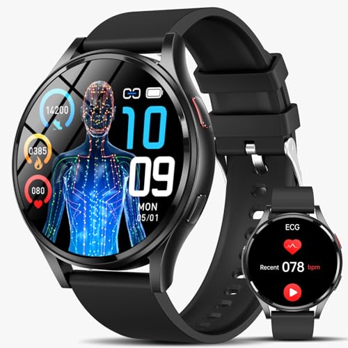 Lgnitek 2025 Smartwatch Herren mit ΒΙυtｚυcker/EKG/BMI/Harnsäure 44mm, Rund 1,43" AMOLED Gesundheitsuhr mit 24/7 Pulsuhr Schlafmonitor SpO2 ΒΙυtdrυck Bluetooth-Anrufe SOS-Notruf, Fitness-Uhr, Schwarz von Lgnitek