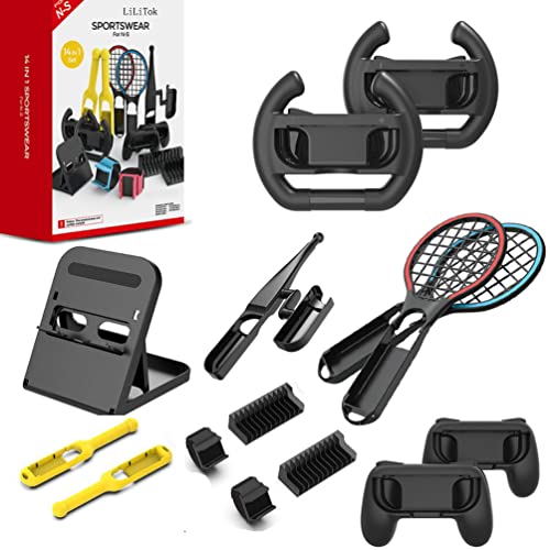 14 in 1 Switch Sportwear Kompatibel für NS Switch Sportspiel, Tennisschläger-Handschlaufe, Controller-Griff, Rennrad, Angelrute, Trommelstock mit Aufbewahrungsbox von LiLiTok