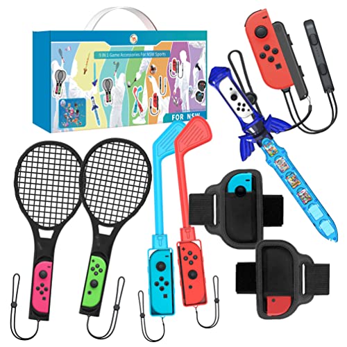 9 In 1 Switch Sport Zubehörsets Compatible for Nintendo Switch Sport, Skyward Sword Handgriff-Controller/Tennisschläger/Golfschläger/Gurt/Beingurte von LiLiTok