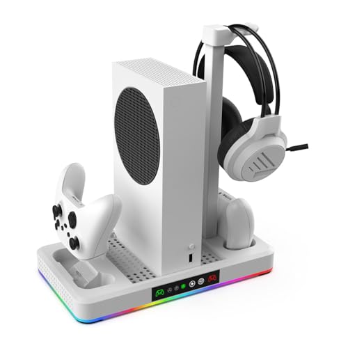 LiLiTok Kühlung Ständer mit 3 Stufig Lüfter for Xbox Series X/S, RGB Standfuß mit Dual Controller Ladestation & Headset Halterung for Xbox Series X/S Zubehör (Weiß) von LiLiTok